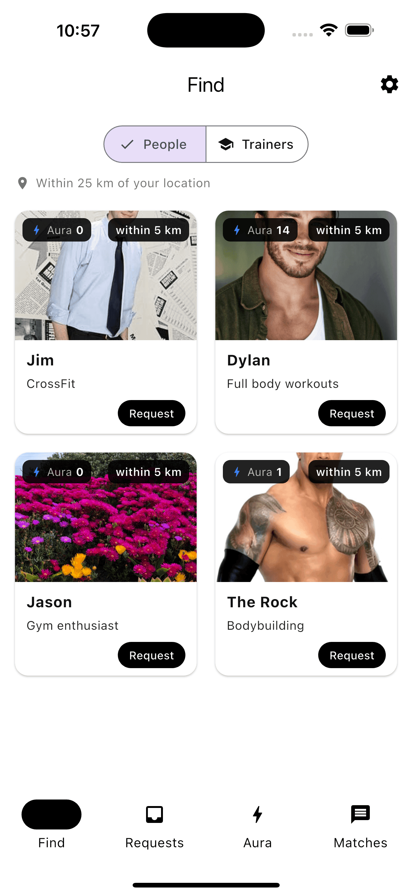 Liftas app showing location-based workout partner matching
